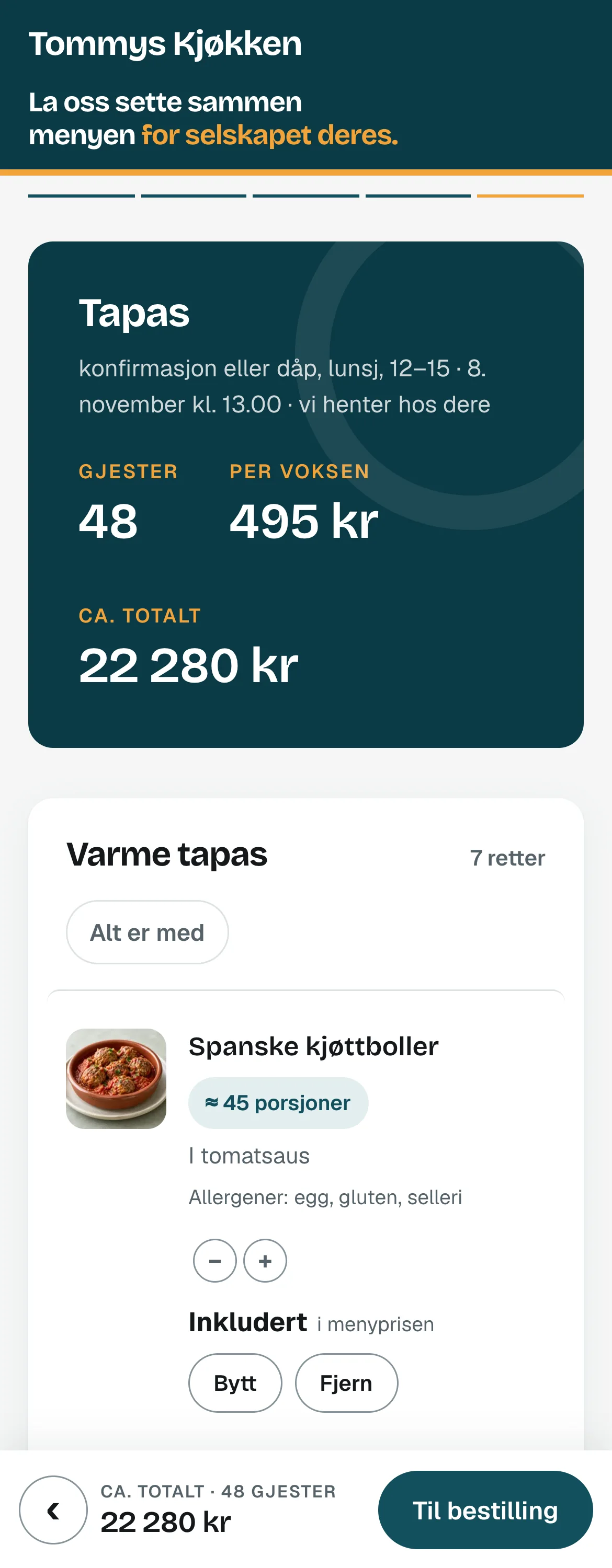 Forslaget på mobil: tapas til 48 gjester, 495 kr per voksen, med retter og allergener.